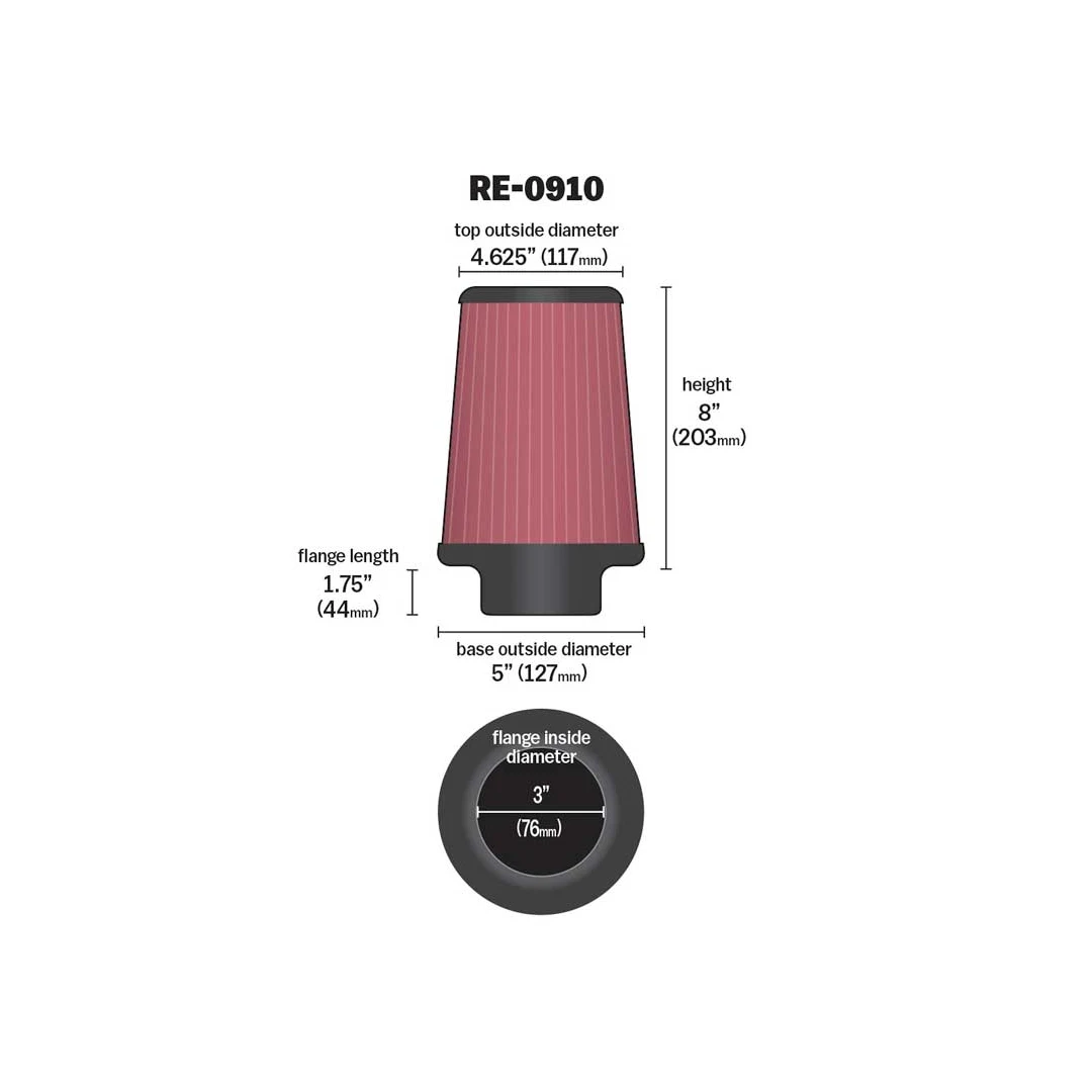 K&N RE-0910 HIGH-FLOW Sportluftfilter 76mm 3" Anschluss 203mm hoch konisch rot