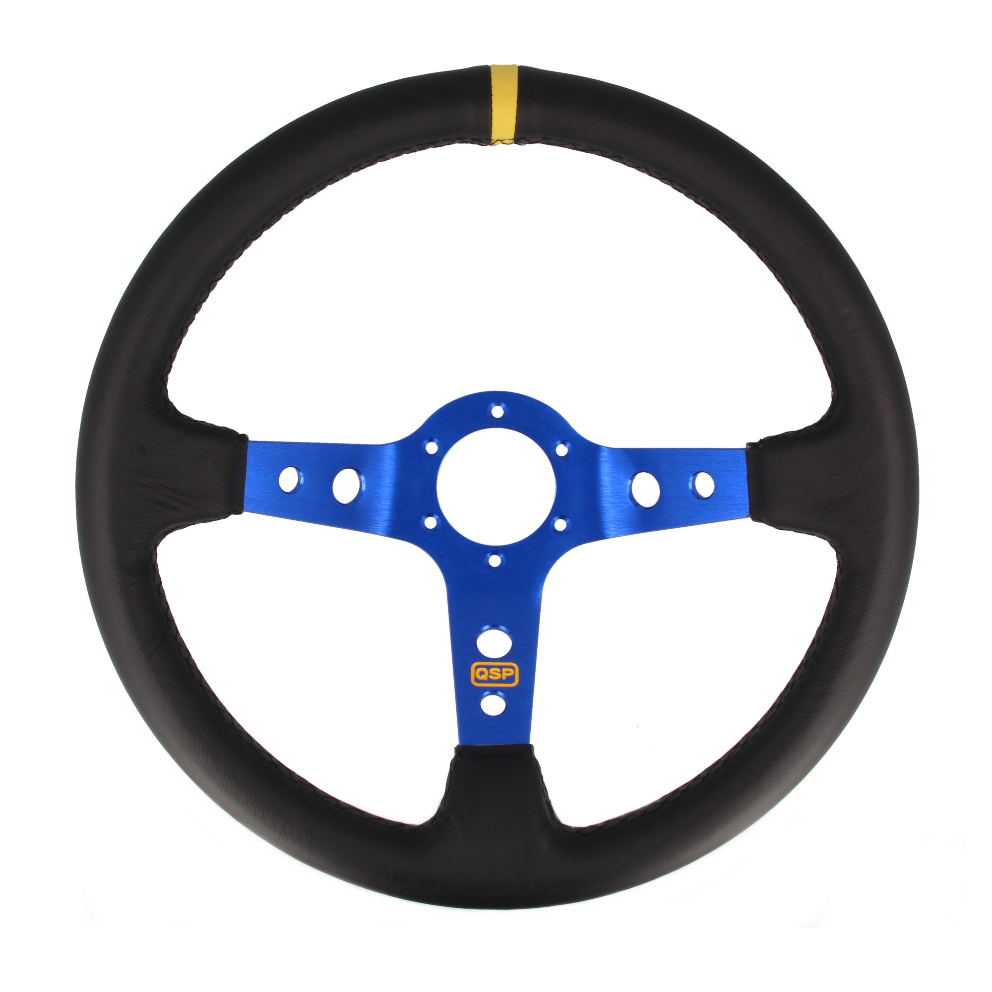 QSP Sportlenkrad Leder 350 mm Tief 90 mm | 3 Speichen Blau | Gelbe Markierung