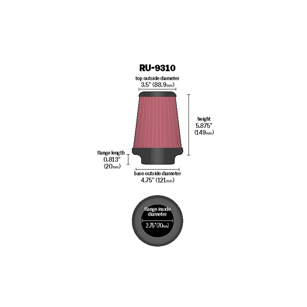 K&N RU-9310 HIGH-FLOW Sportluftfilter 70mm 2,75" Anschluss 149mm hoch konisch rot