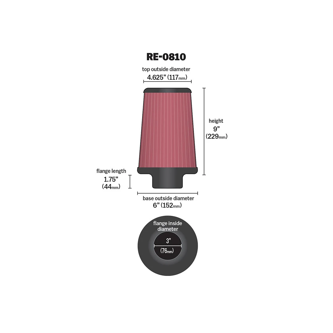 K&N RE-0810 HIGH-FLOW Sportluftfilter 76mm 3 Zoll Anschluss 229mm hoch