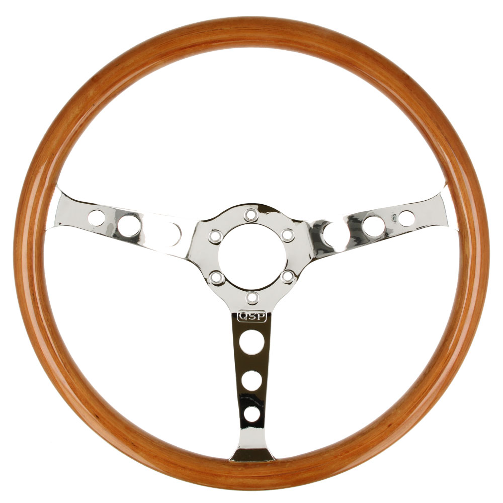 QSP Holzlenkrad 380 mm Flach | 3 Speichen Silber Poliert | 70 mm Lochkreis