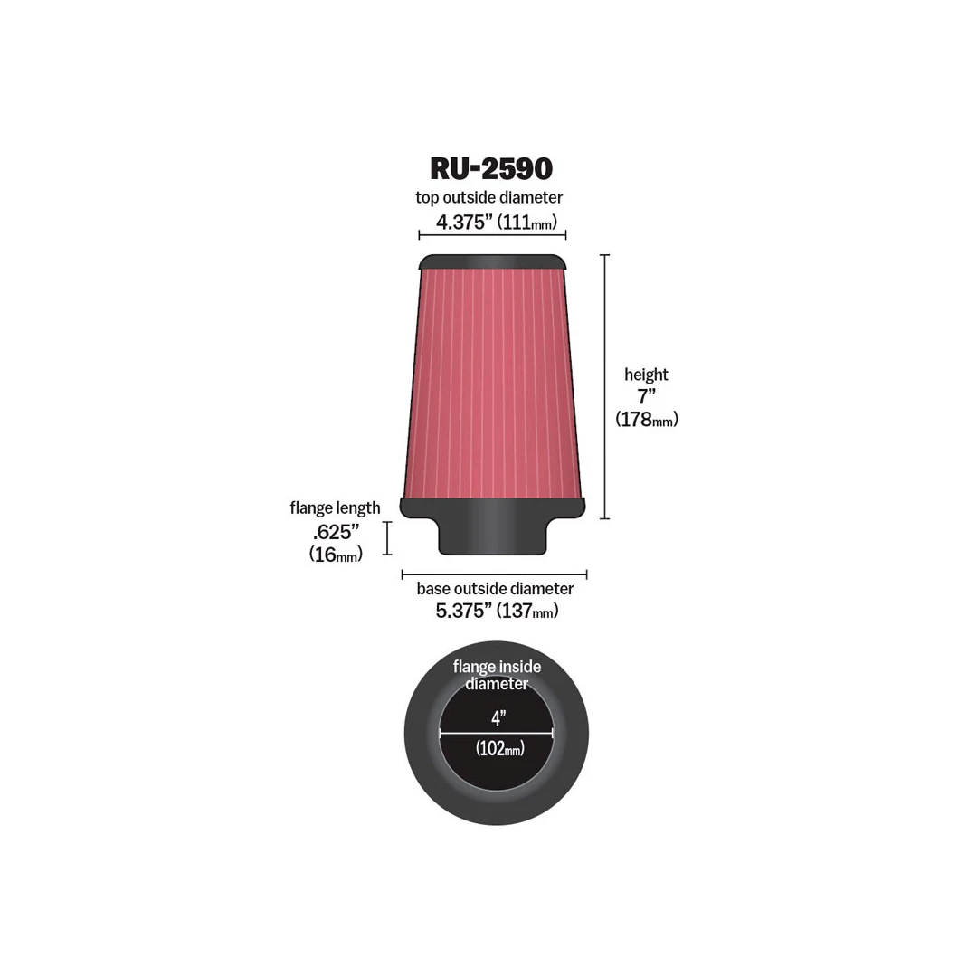 K&N RU-2590 HIGH-FLOW Sportluftfilter 102mm 4 Zoll Anschluss 178mm hoch konisch rot