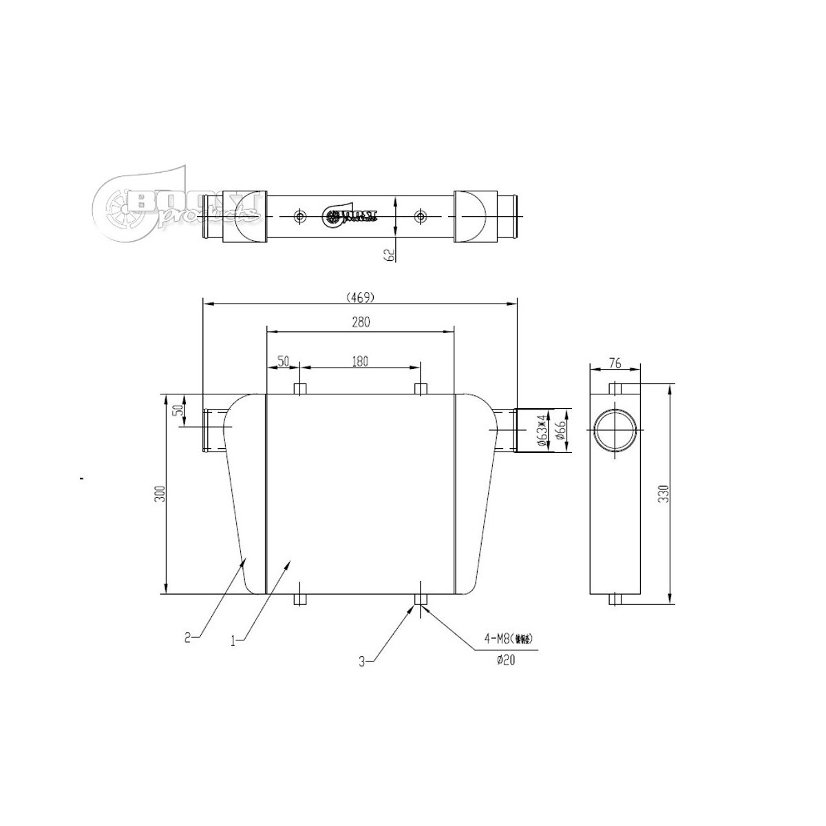Ladeluftkühler Competition 280x300x76mm - 63mm - 300PS